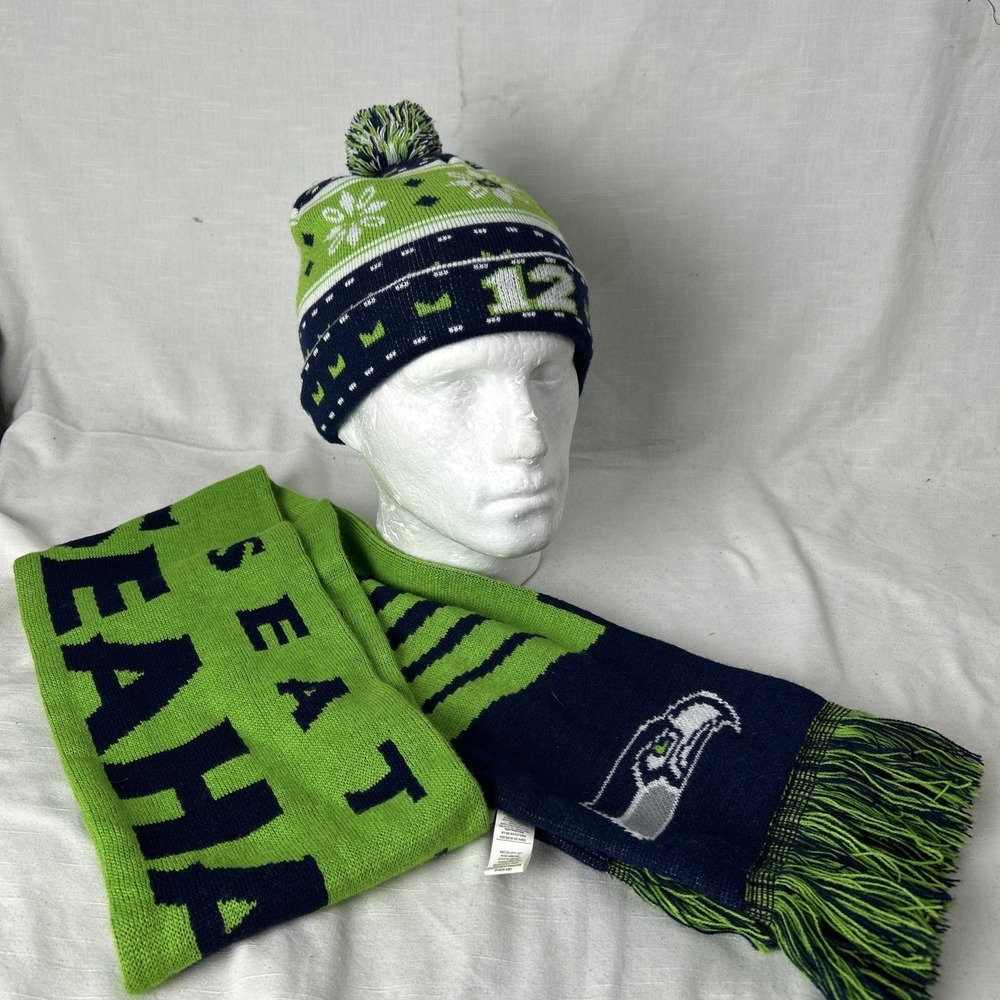 Officially Licensed FOCO NFL Seattle Seahawks Big Logo Knit Beenie Hat & scarf